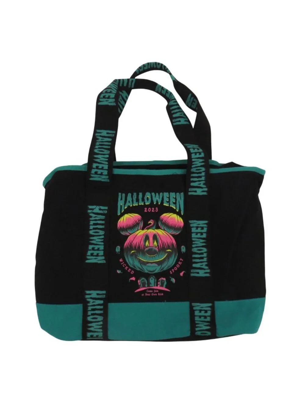 Disney Parks 2023 Halloween Glow In The Dark Mickey Mouse Tote Bag Black Teal